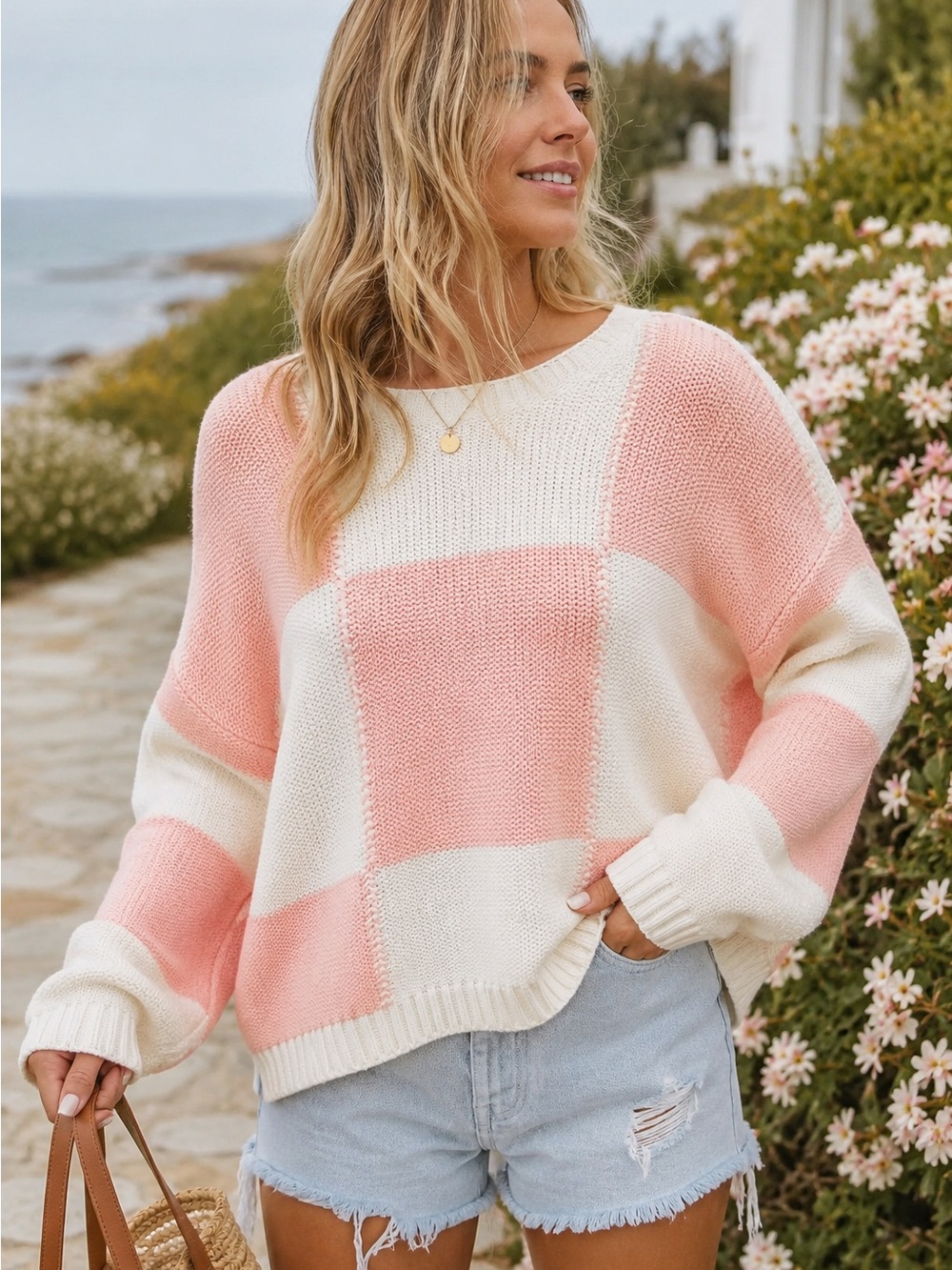 Hem & Thread Blush Pink/Peach Ivory Checkerboard Knit Sweater Sz L NWT